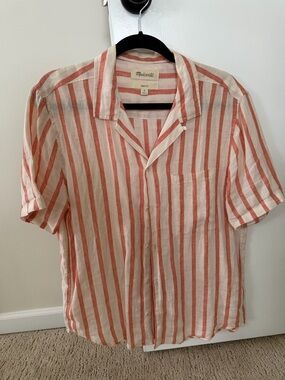 Madewell Men’s Short Sleeve Linen-Blend Button-Up Shirt - Orange & White Stripes